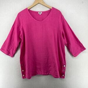 HEAVEN Top Womens L Linen Side Buttons 3/4 Sleeve V-Neck Lagenlook Pink USA